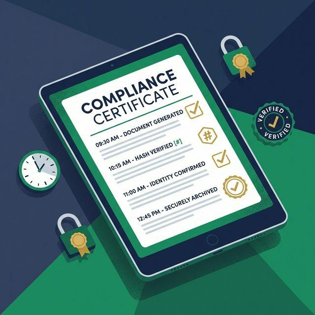 A result certificate beside its timestamped, hash-linked audit trail