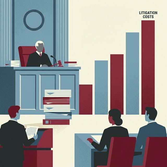 A courtroom with legal documents and financial charts showing rising litigation costs