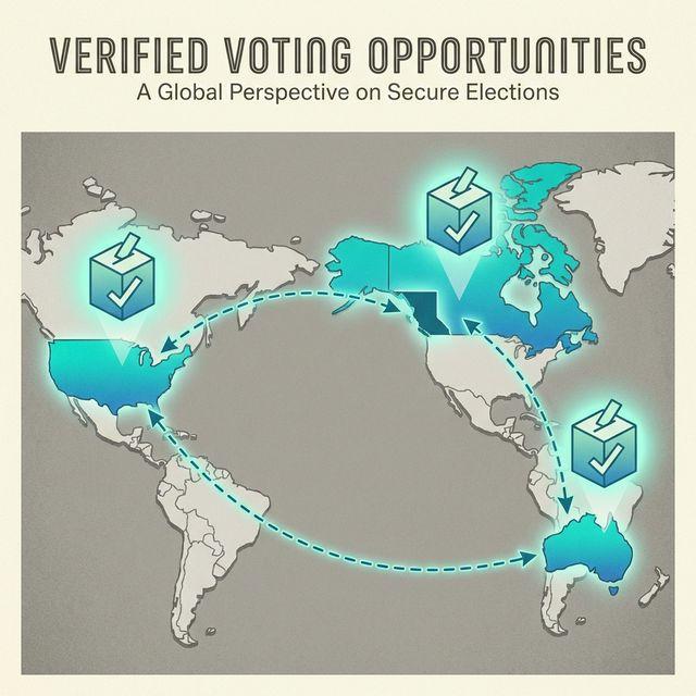 World map highlighting verified voting opportunity in US, Canada, and Australia