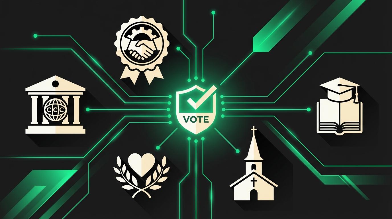 Grid of organization types, credit unions, cooperatives, unions, associations, connected by digital voting lines