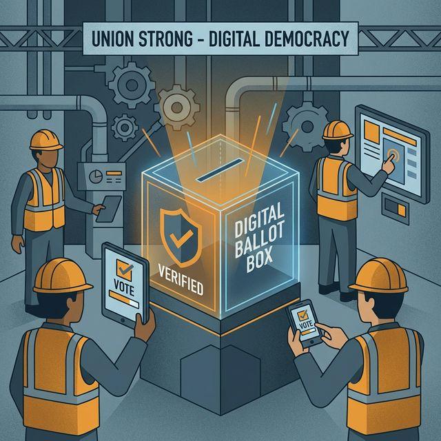 Shift workers casting ballots on tablets and phones around a digital ballot box