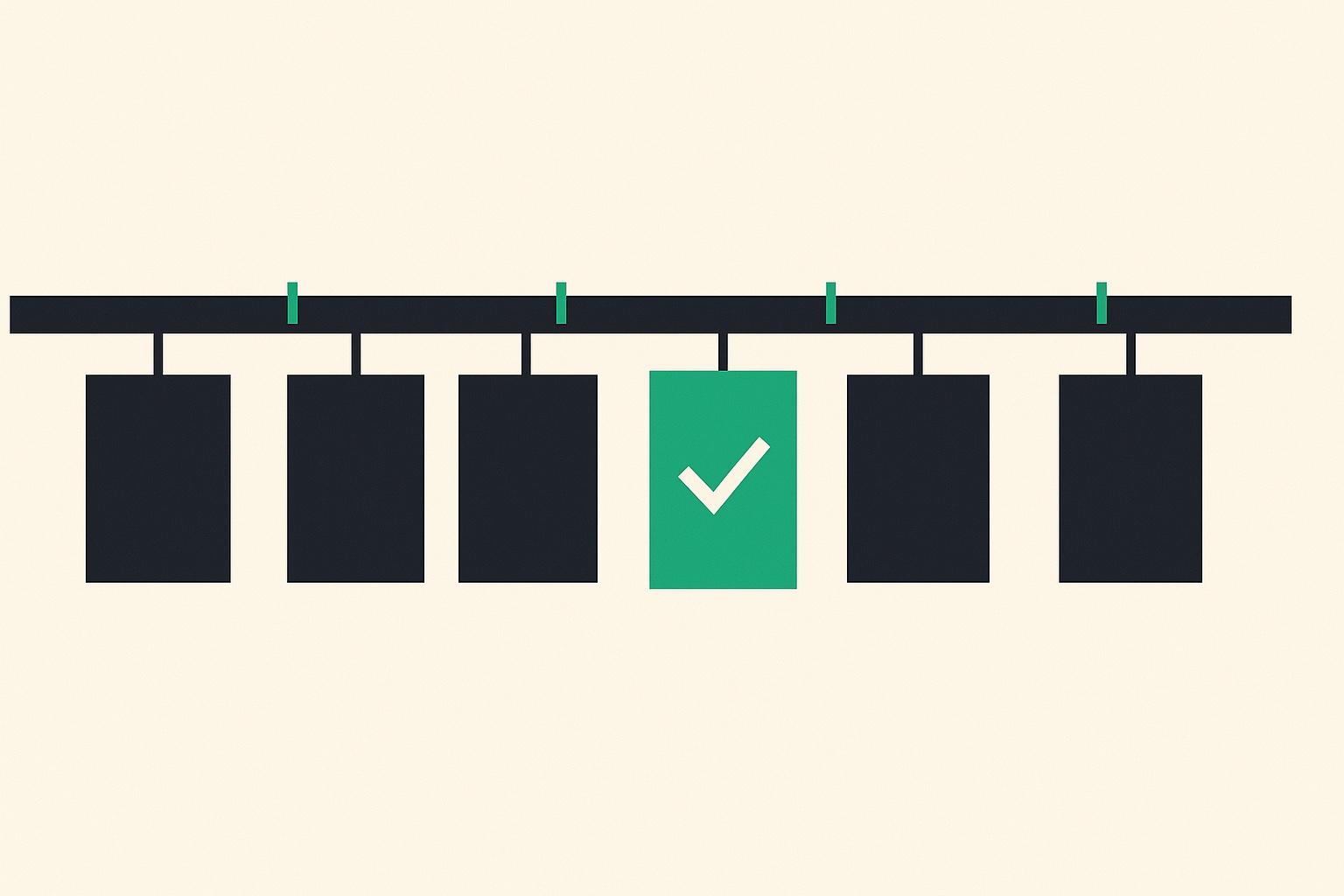 A geometric timeline rail with suspended cards, one marked in green with a checkmark