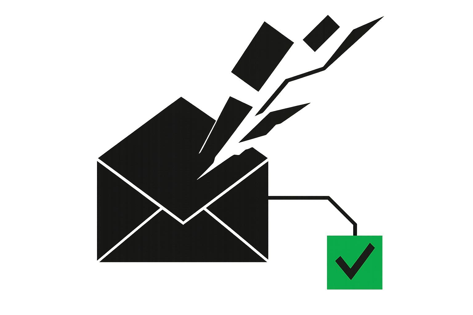 A geometric envelope fanning into ballot fragments, one path ending in a green check and one broken