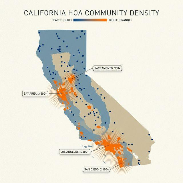 Map of California showing the density of common interest developments across the state, the largest HOA market in the country