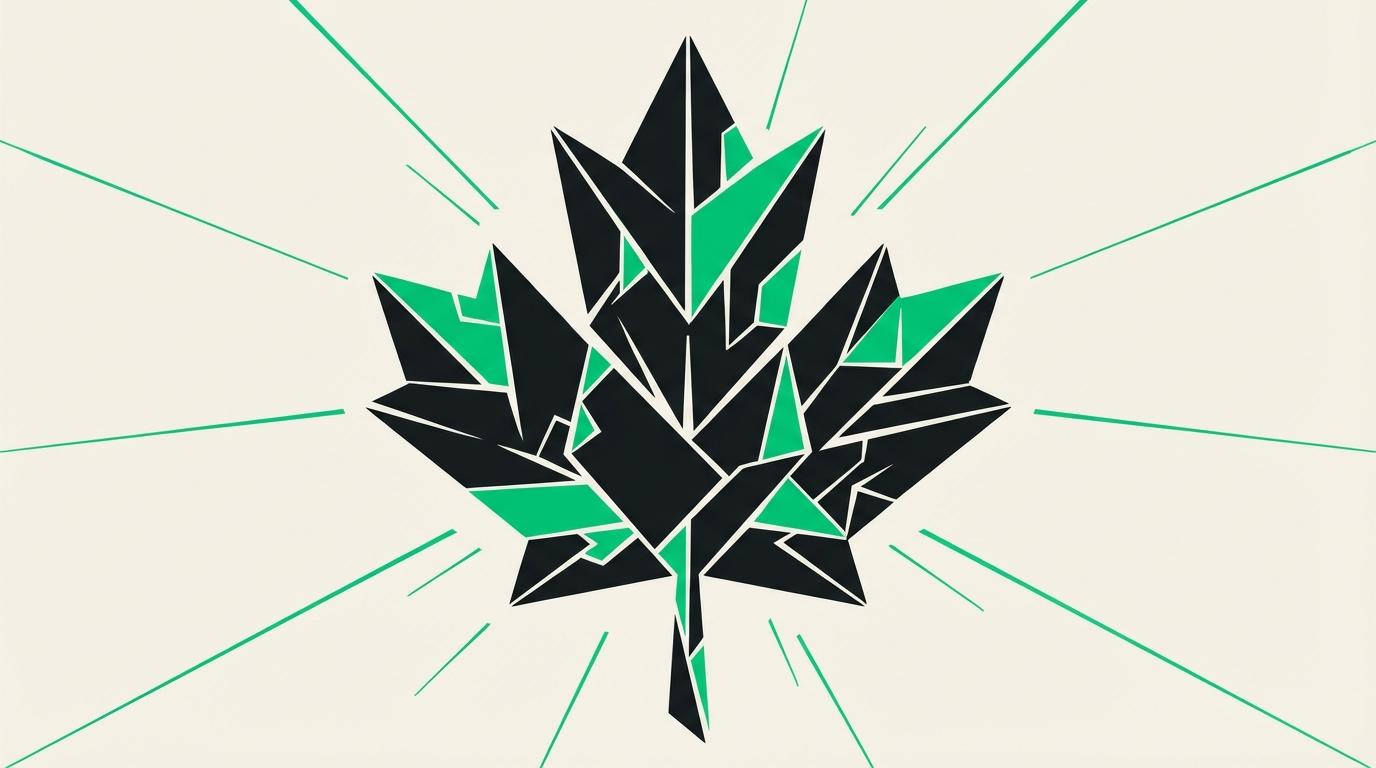 Canadian maple leaf composed of geometric ballot shapes against a sharp editorial background with green accent lines