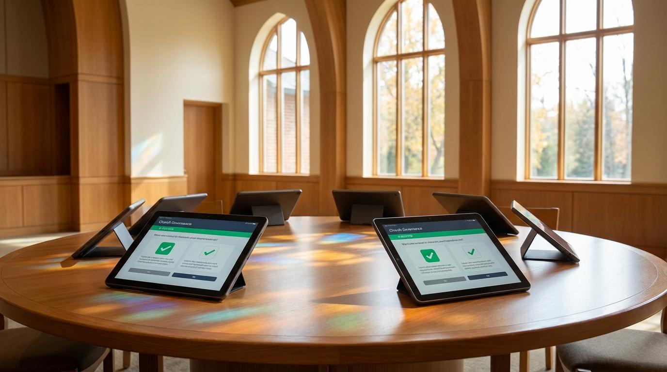 A congregation gathered for a church business meeting, with members casting votes on their own devices