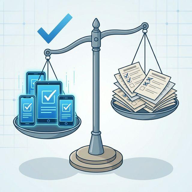 Balanced scale with digital vs paper ballots illustration