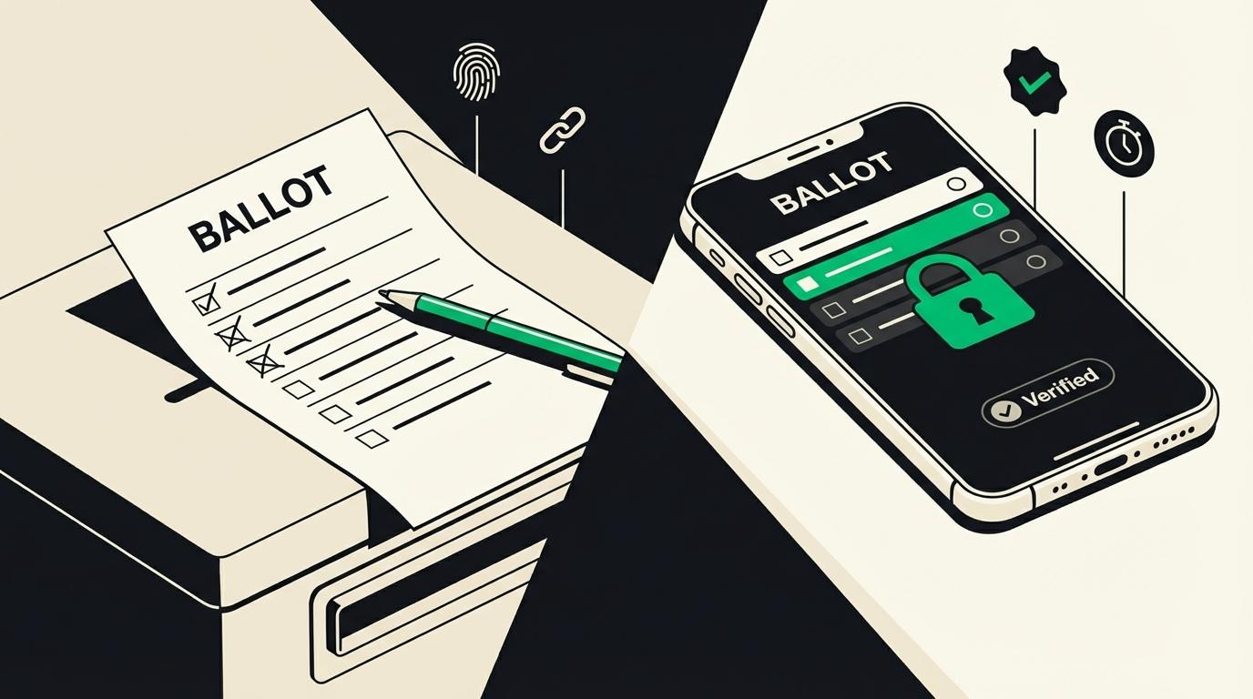 A paper ballot beside a digital ballot on a phone, representing an HOA switching from paper to online voting