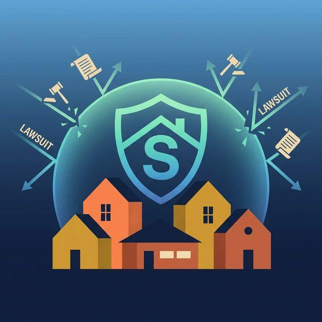 A shield standing between a row of townhouses and incoming lawsuit papers, illustrating the limits of volunteer director protection