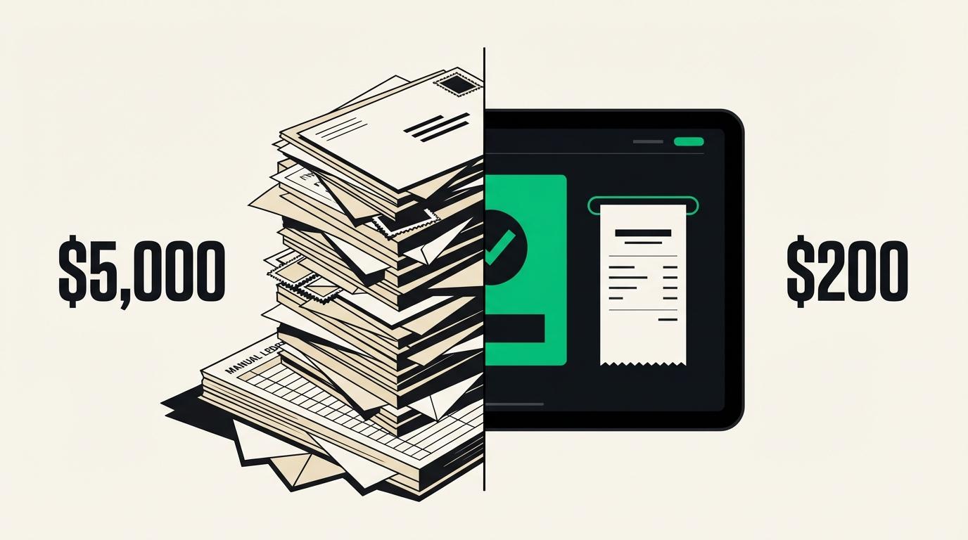 Split image comparing stacks of paper ballots and envelopes on one side with a digital voting screen on the other, illustrating the cost gap between paper and digital HOA elections