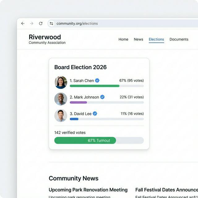 Website with an embedded vote widget showing a live election with real-time result bars