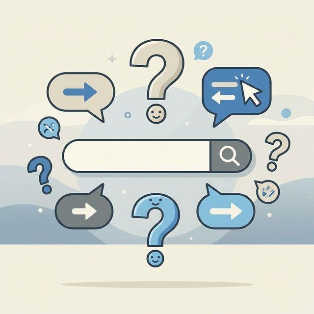 A search box surrounded by question marks, standing for the questions boards ask before they buy