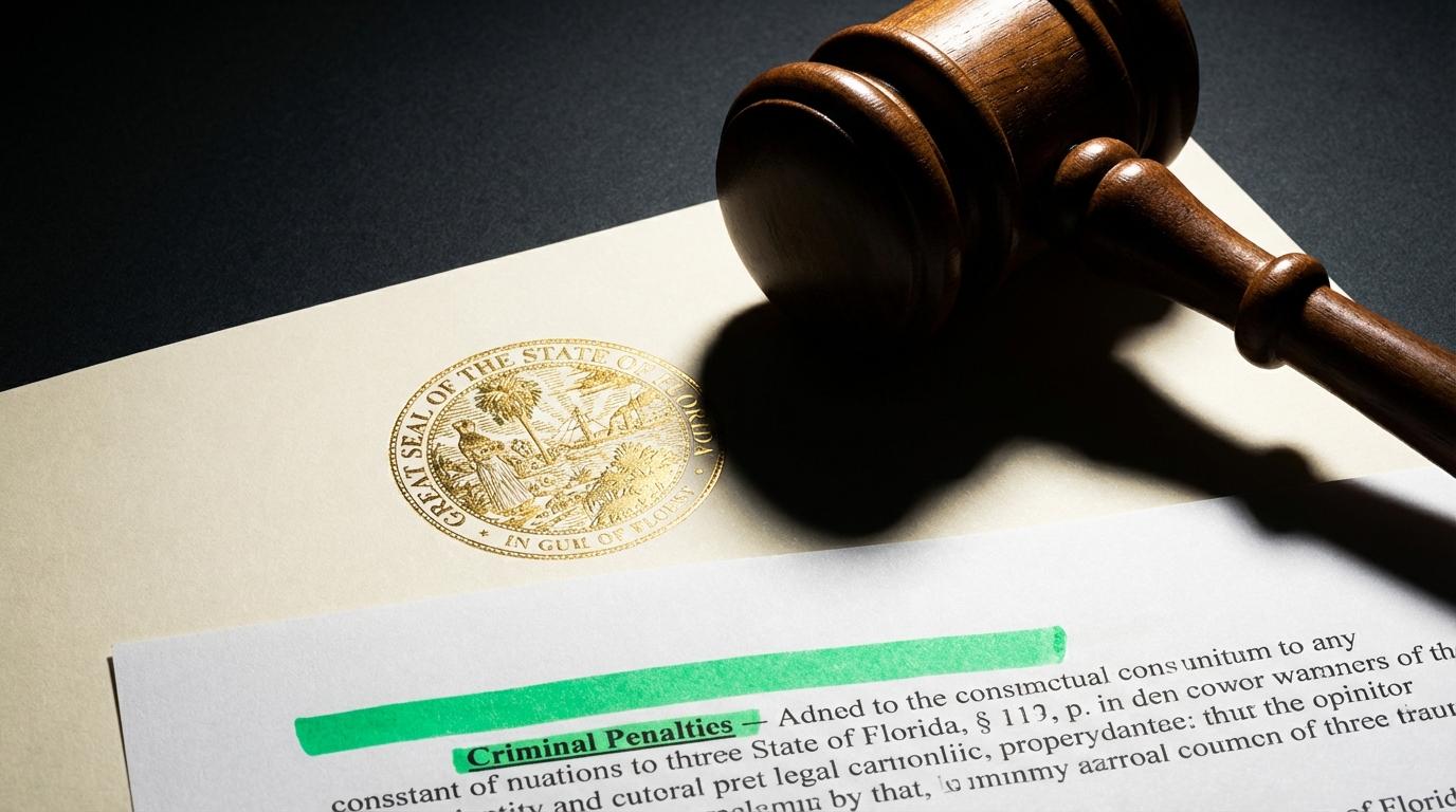 Florida state outline with a gavel and criminal code book symbolizing new election fraud penalties