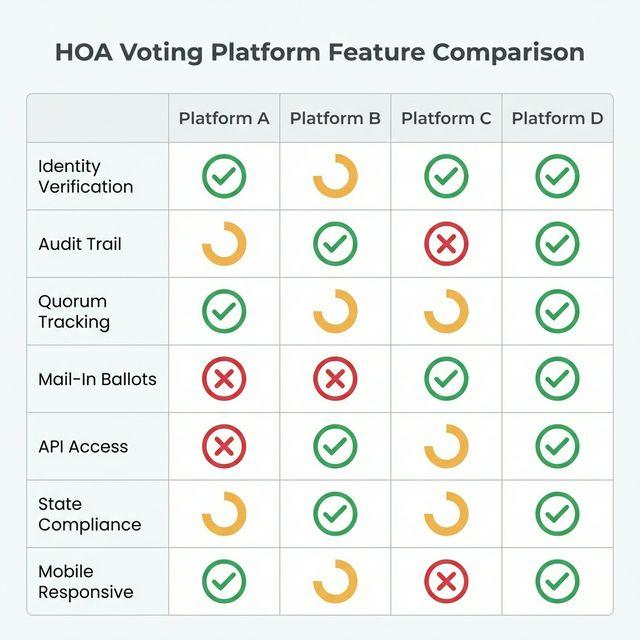 Comparison checklist for evaluating HOA voting platforms with green checkmarks and red X marks