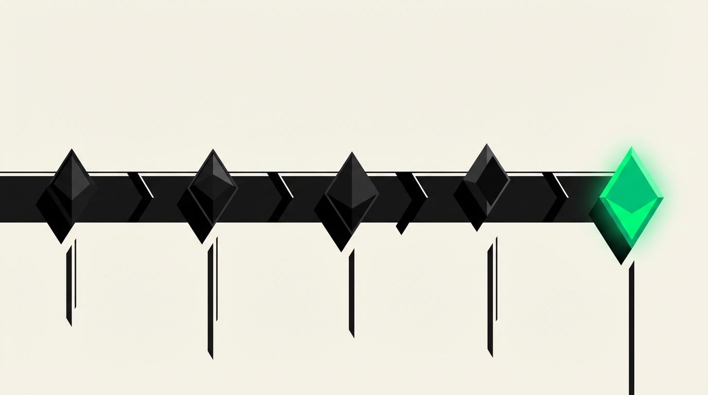 Horizontal geometric timeline with milestone markers leading to a completed election checkpoint