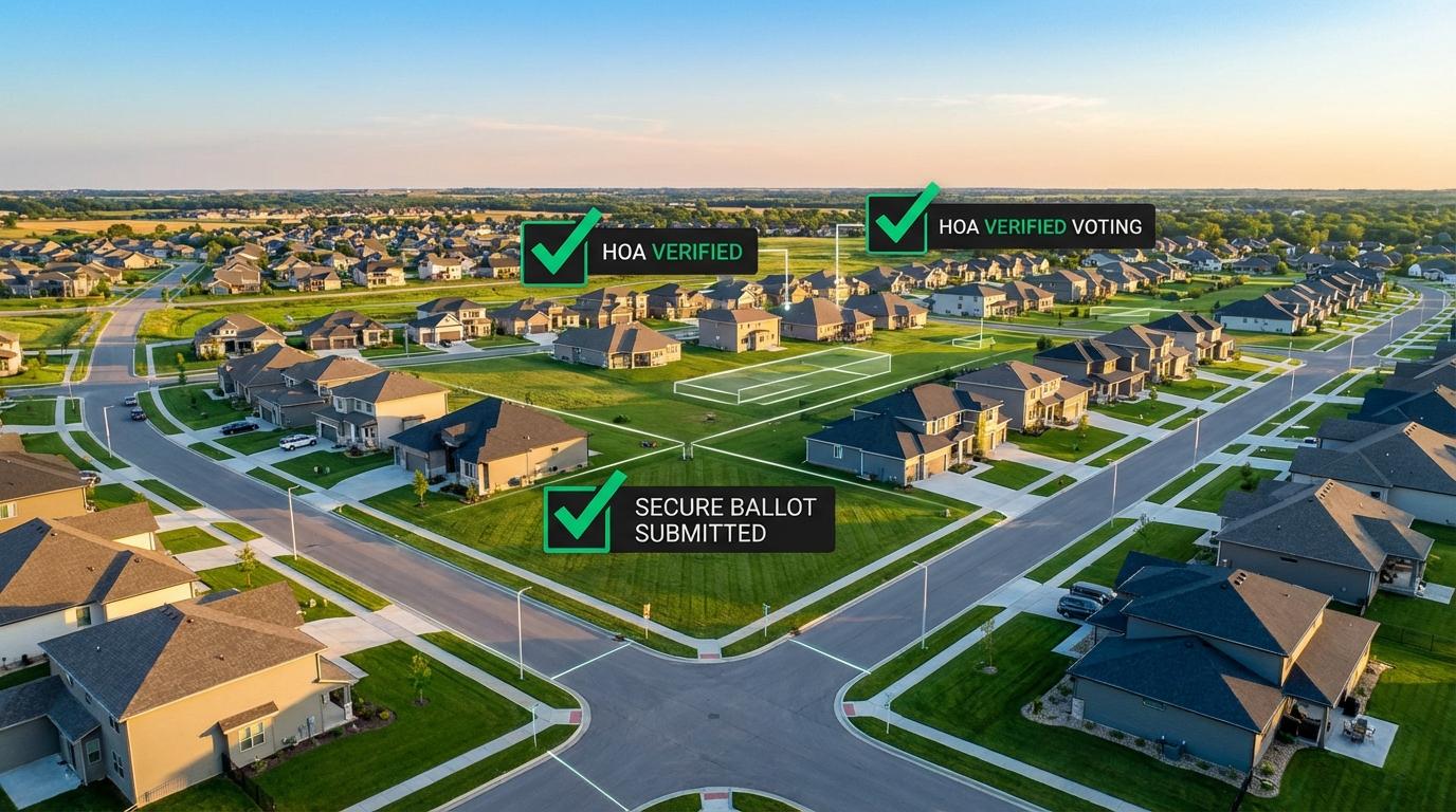An aerial view of a community with a verified ballot marker over each home, illustrating one ballot per unit