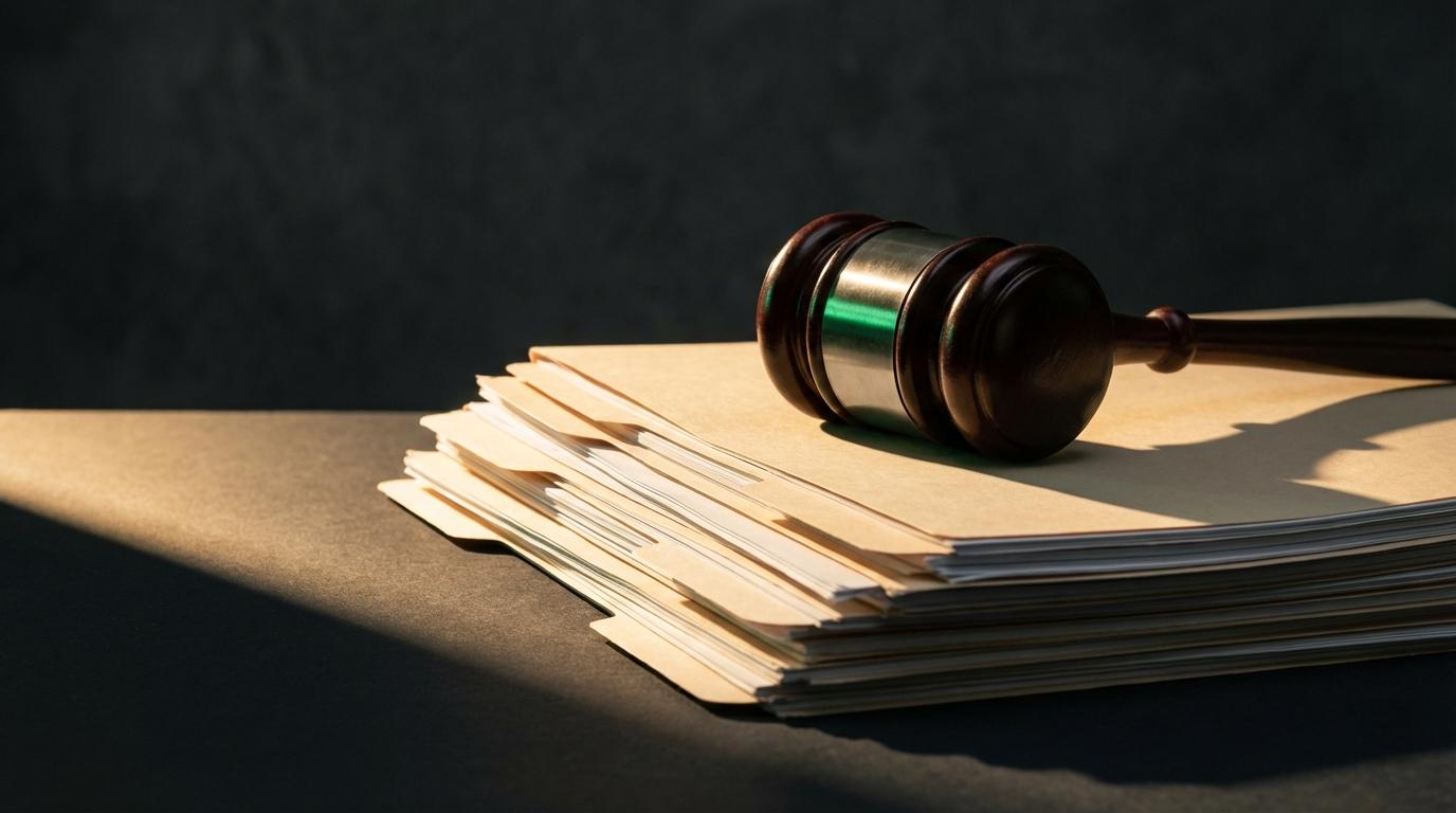 Gavel resting on a stack of legal documents with an HOA community in the background