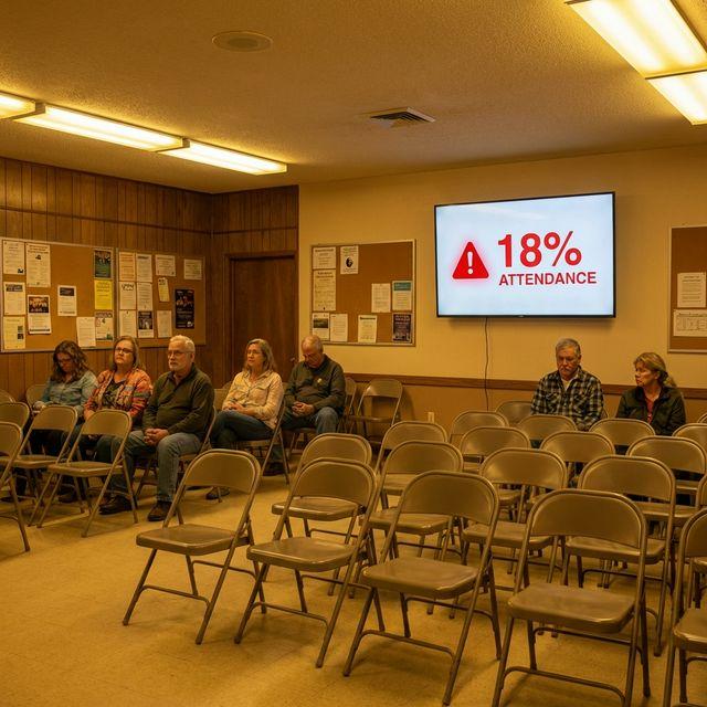 An empty HOA meeting room with rows of vacant chairs and a quorum meter reading well below the required threshold