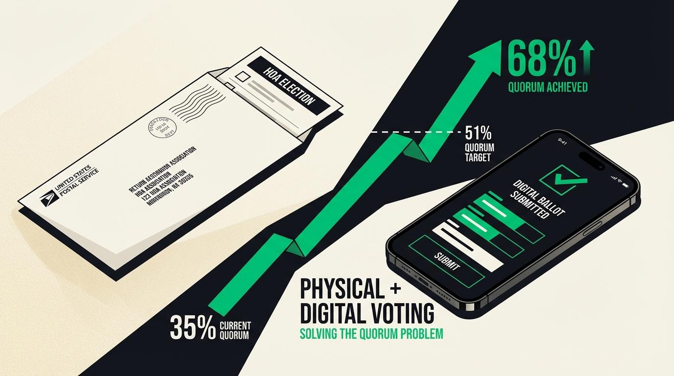 Physical mail ballot next to a smartphone showing online voting, with a quorum progress bar reaching its target