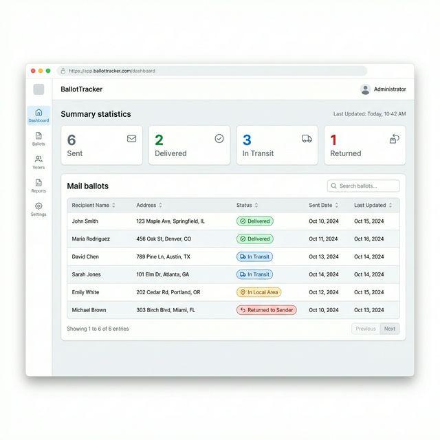 Mail tracker showing five ballot access letters at different stages: two delivered, one in transit, one returned, one pending