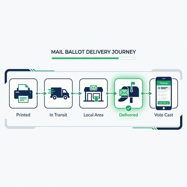 Delivery tracking timeline for a mailed ballot packet: created, in transit, local area, delivered