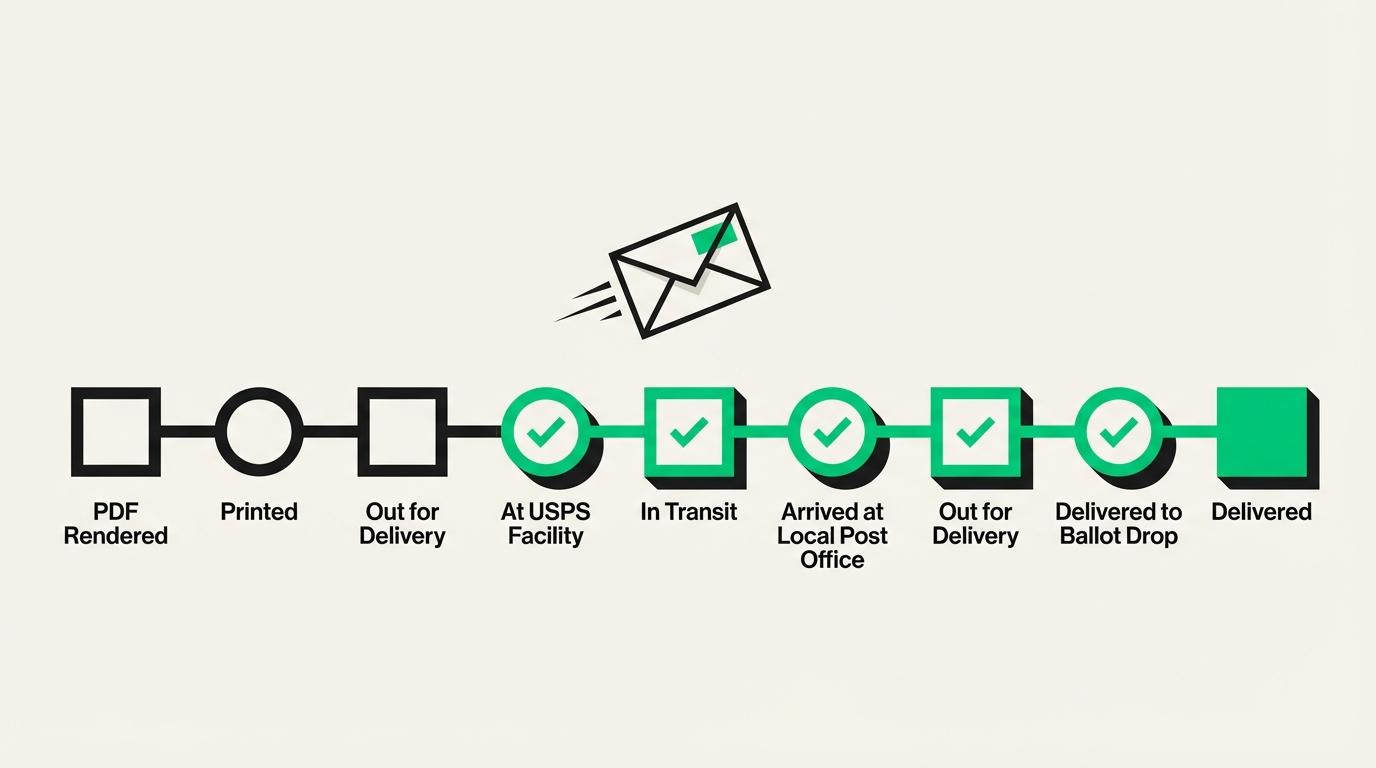 Mail delivery route with ballot letter tracking status indicators showing progress from printing to mailbox delivery