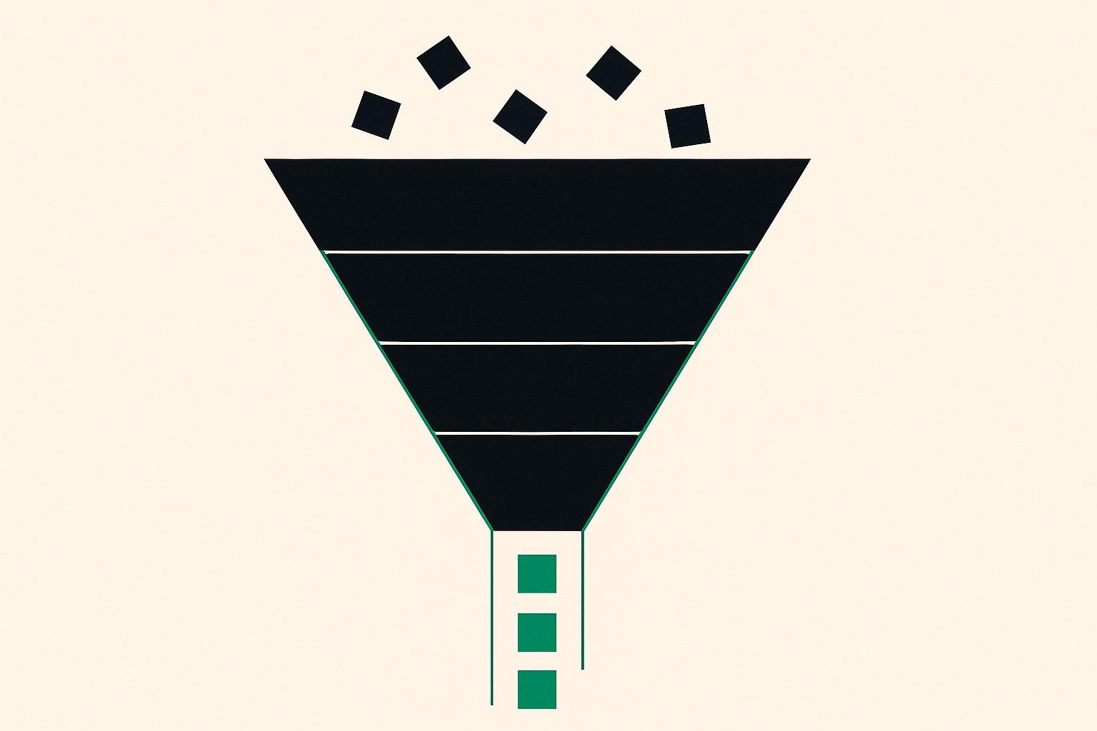 A funnel narrowing many candidate cards down to a few elected seats, illustrating single transferable vote transfers