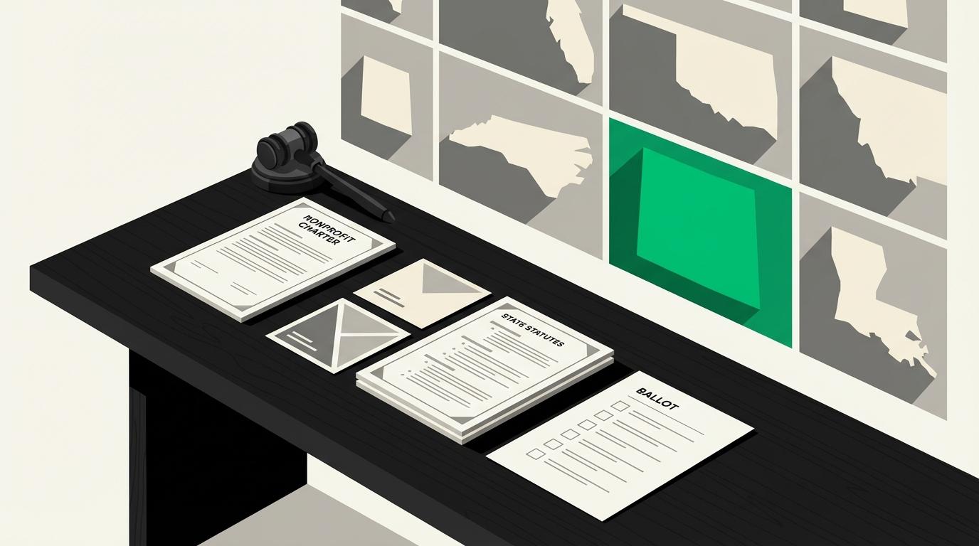A gavel on a boardroom table beside state statutes and a nonprofit charter