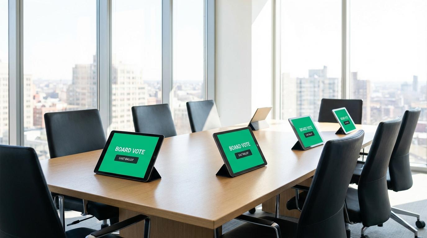 Board directors reviewing an election result record on screen in a boardroom