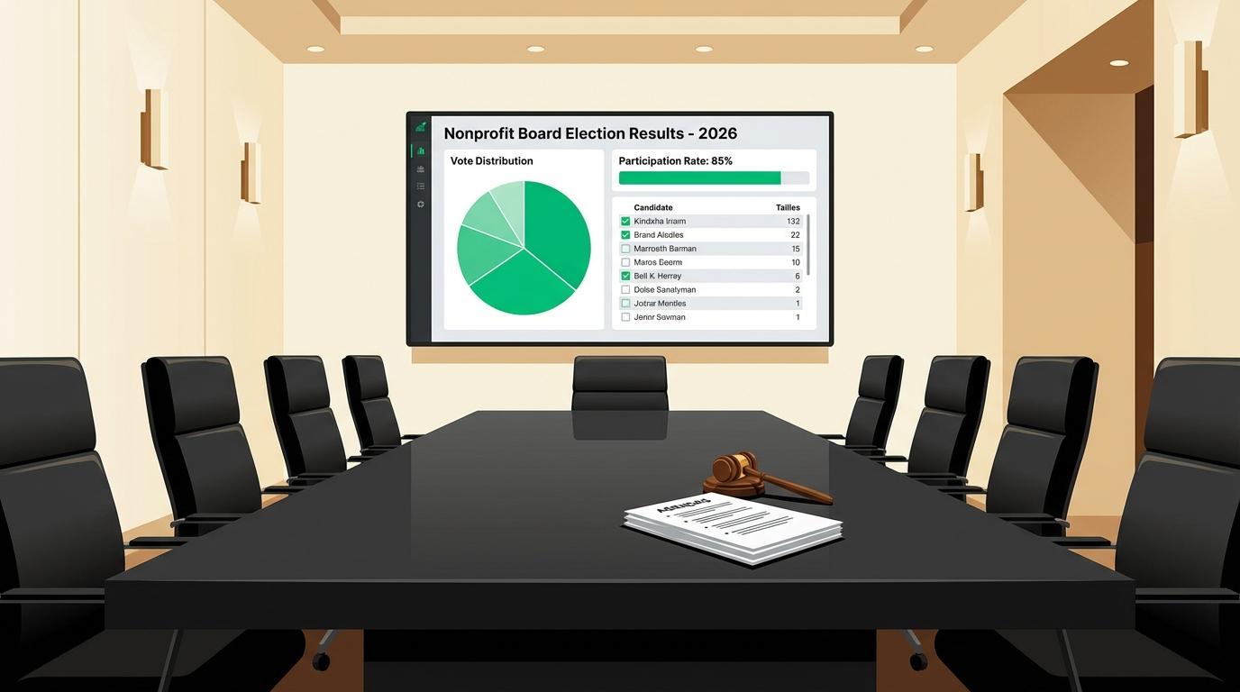 Nonprofit board meeting room with a digital voting dashboard on screen