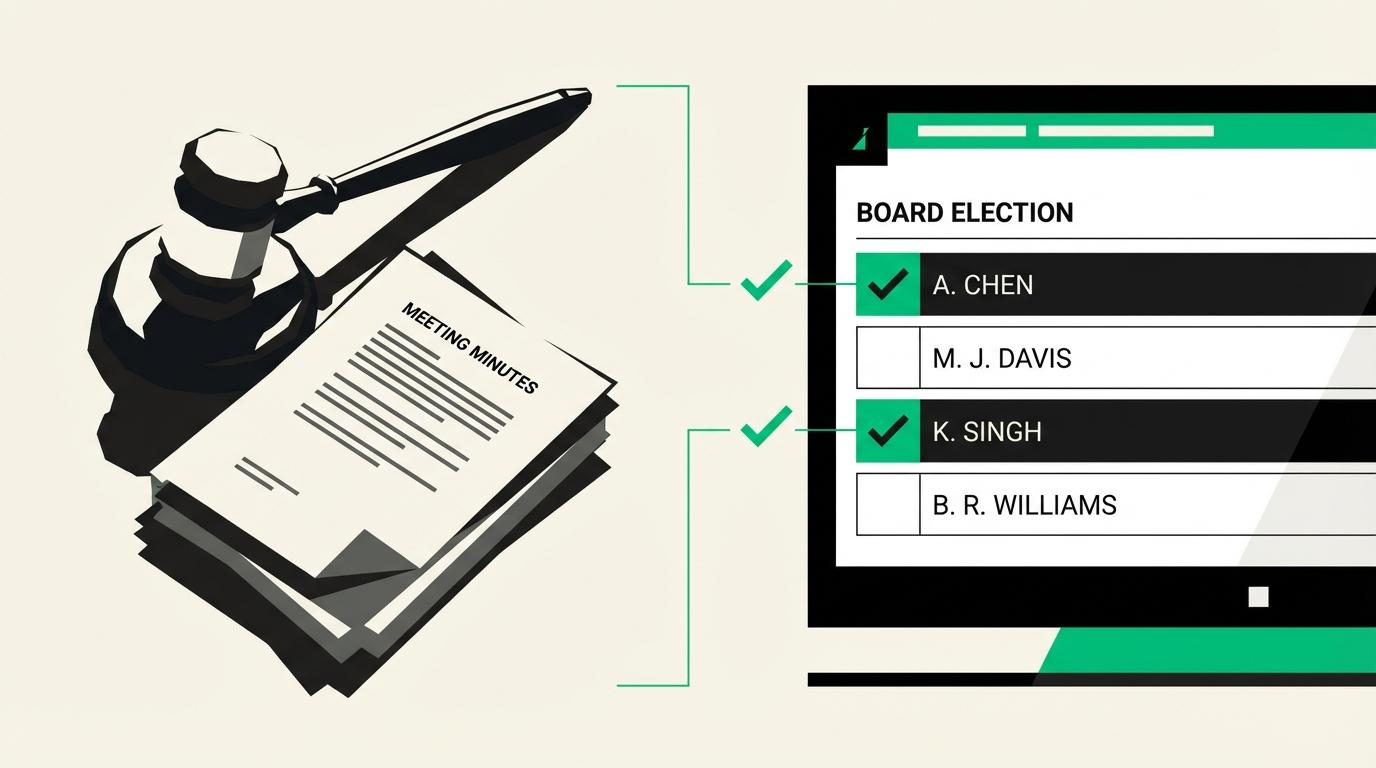 A nonprofit board election dashboard showing ballots cast against the quorum threshold