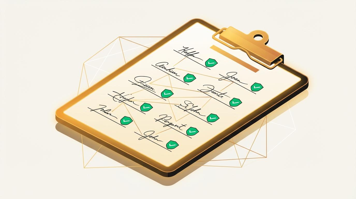Digital petition signatures flowing into a verified checkmark on a modern dashboard