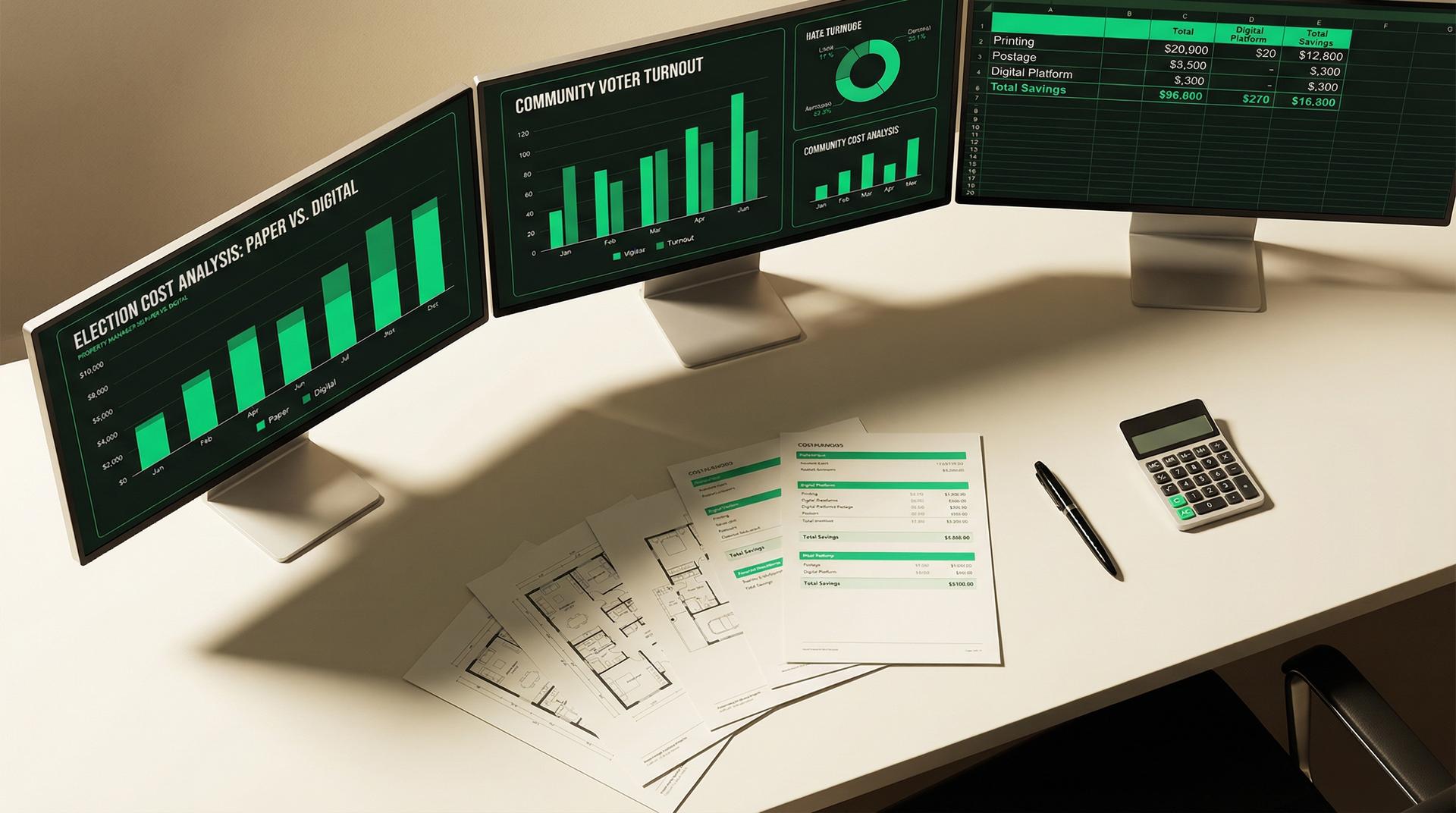 Property manager at a desk with multiple screens showing different community dashboards and election results
