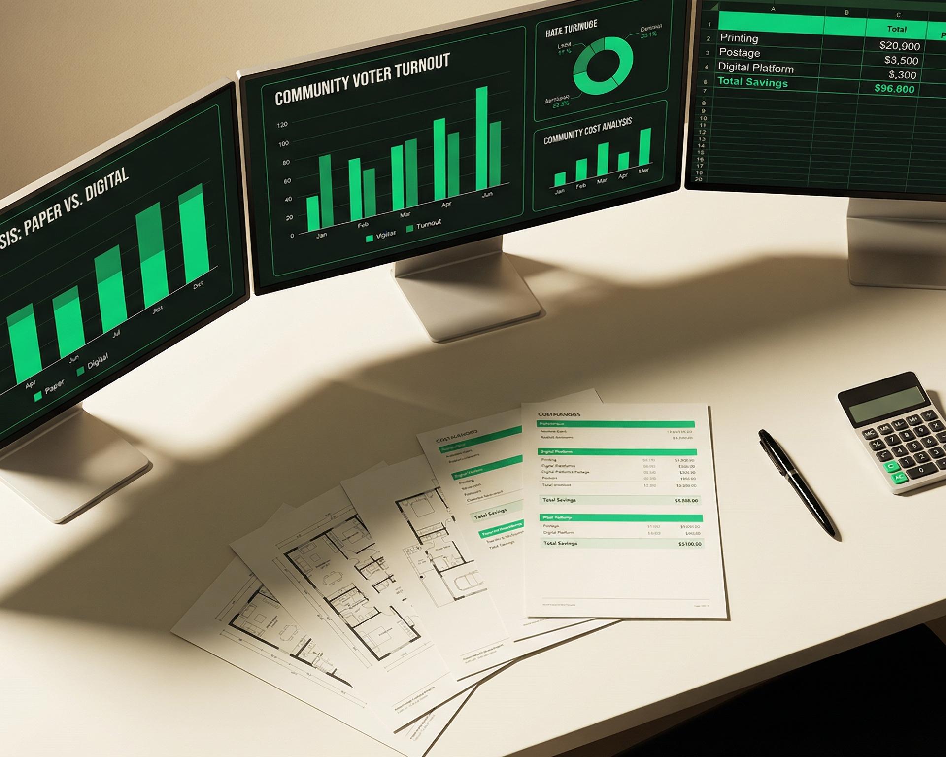 Property manager at a desk with multiple screens showing different community dashboards and election results