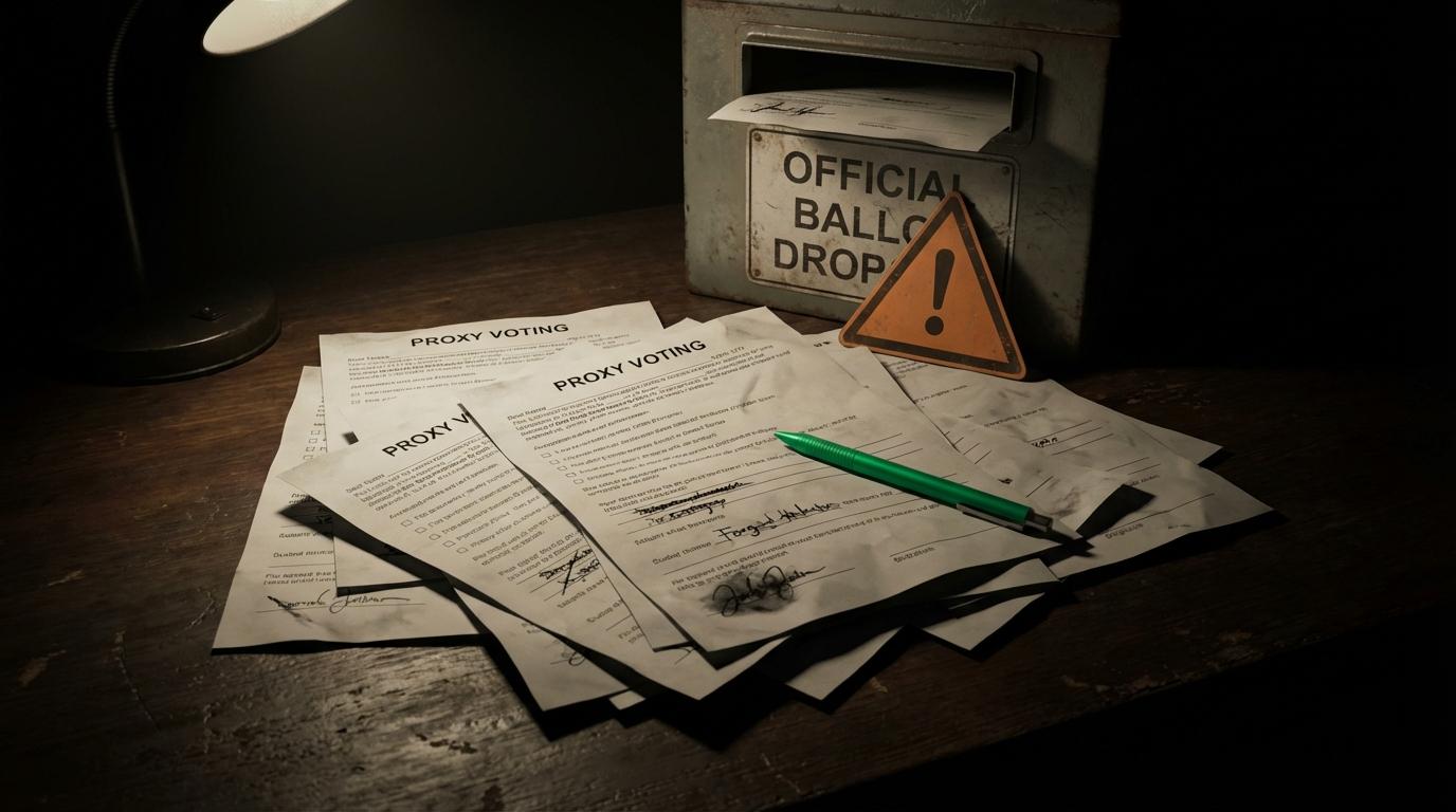 Stack of unsigned proxy forms beside a ballot box with a warning sign, illustrating how blank proxies are collected and filled in later