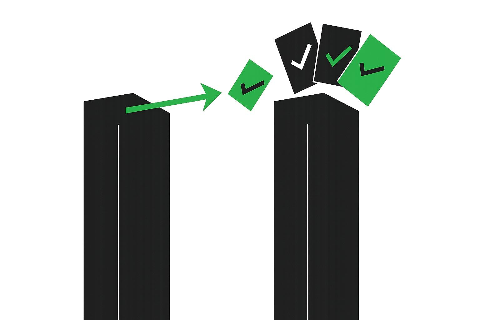 Two geometric pillars joined by an arrow carrying a ballot card, representing one member voting on another member's behalf by proxy