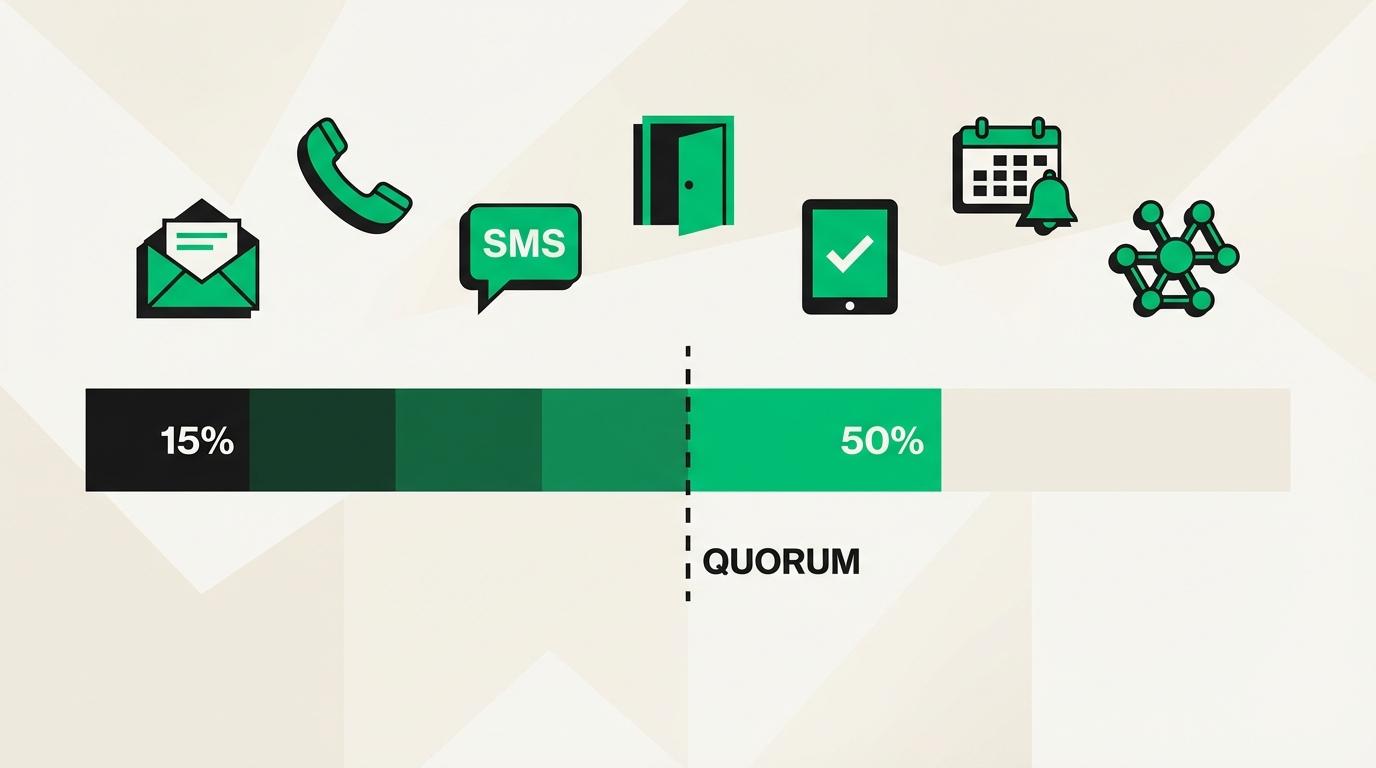 Progress bar showing voter participation rising from 15% to quorum threshold