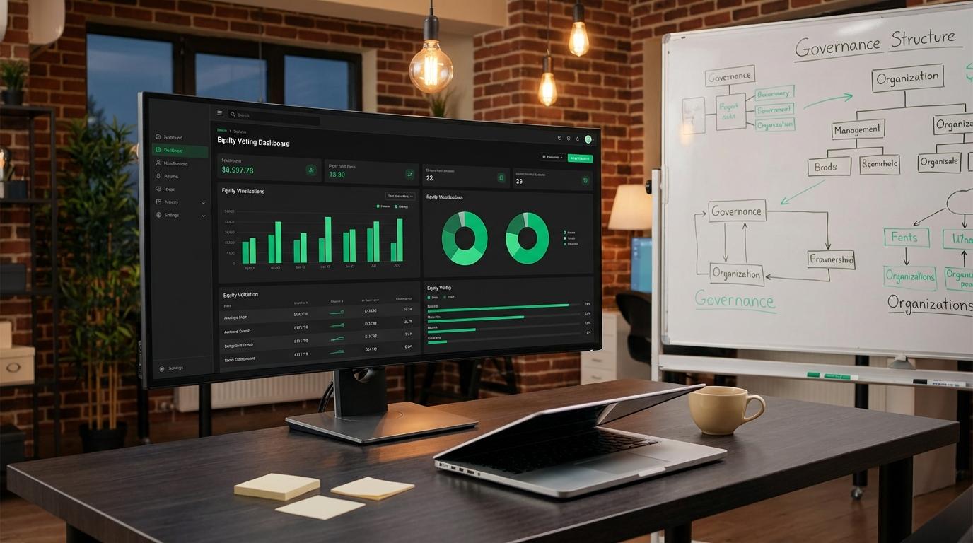 Startup office with founders reviewing equity voting dashboard
