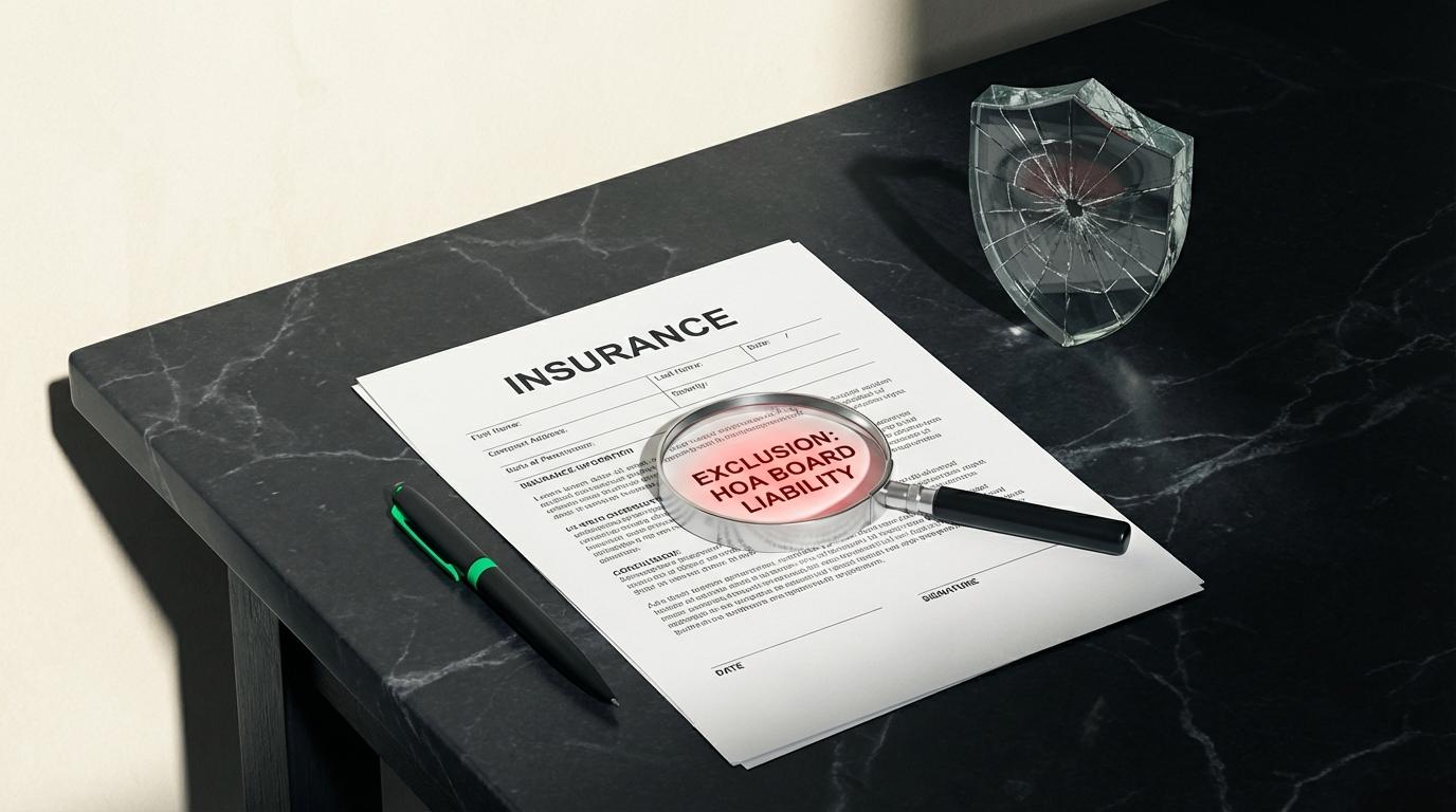 A board table with an insurance file stamped as declined, illustrating an association that made itself uninsurable