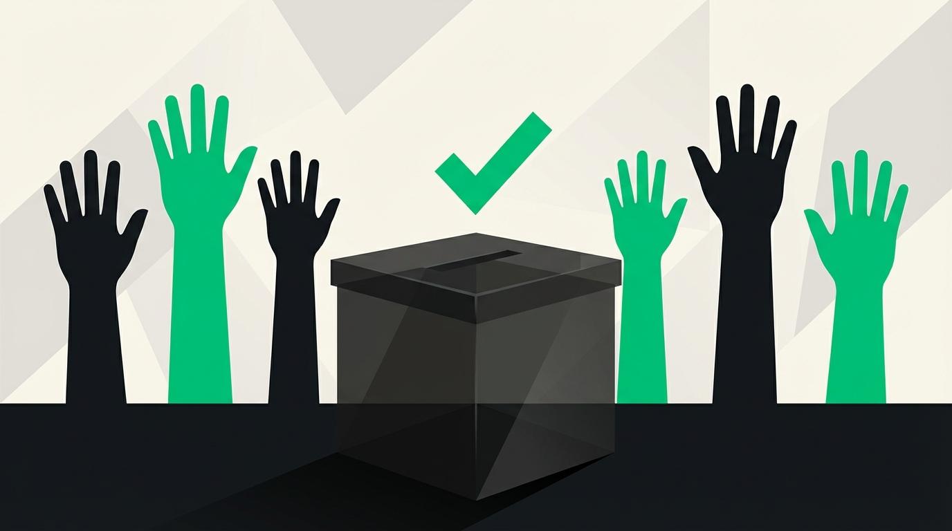 Members raising their hands around a ballot box
