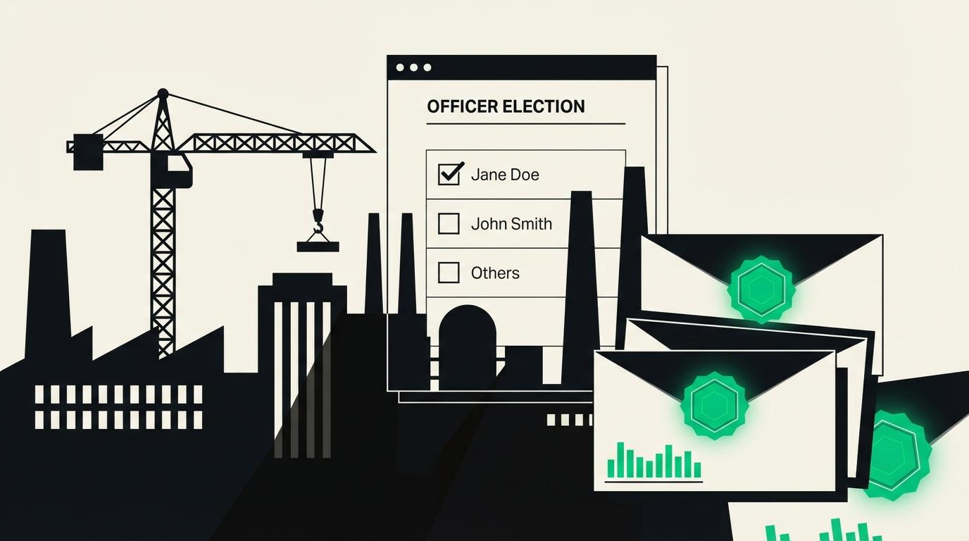 A union officer election ballot open in a browser above a shop-floor skyline