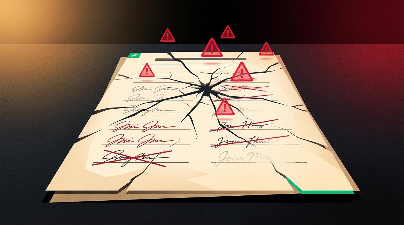 Crumbling paper petition with red warning stamps overlaid on a fractured surface, representing unverified petition risks