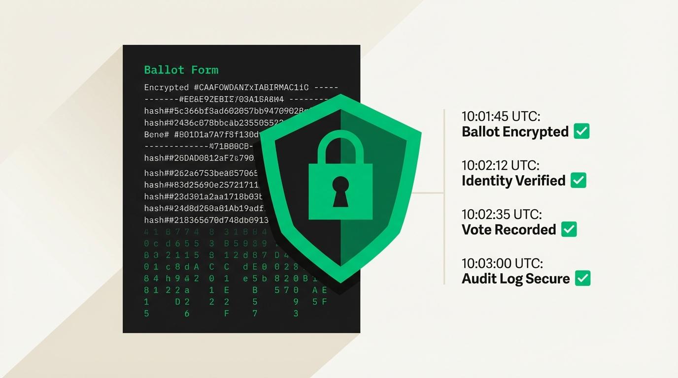 Shield icon overlaying a digital ballot with encryption lock symbols and audit trail visualization